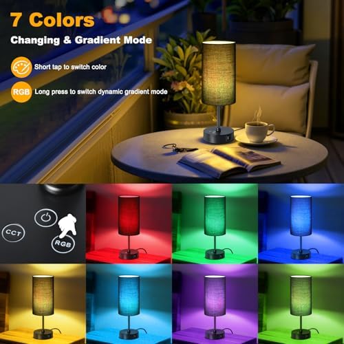Unicozin Table Lamp with 3 CCT (3000K/4500K/6500K), Stepless Dimmable Bedside Lamp with 7 Color Changing, Modern Nightstand Light with Black Shade for Bedroom, Kids Room, Home, Office