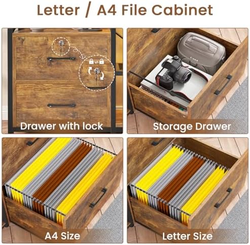 SEDETA 35.4” File Cabinet, Filing Cabinet fits Letter/A4 Size, 2 Drawe File Cabinets for Home Office with Power Strip, LED Lights, Lock, Open Shelf, Rustic Brown