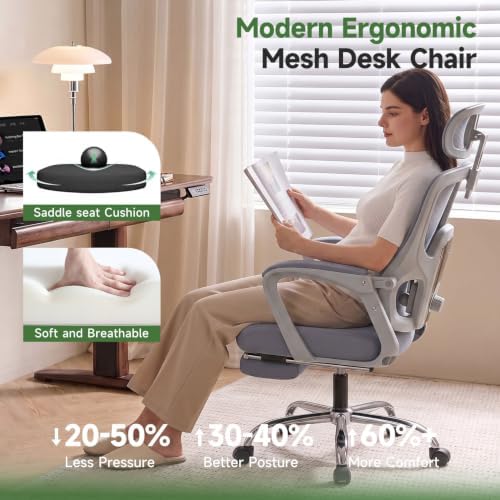 Ergonomic Office Chair with Footrest, 90-145° Reclining Mesh Desk Chair