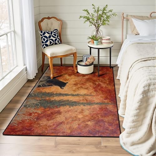 Nature Inspired Bear Pine Scene Warm Earthy Tones Area Rug Outdoor Patio Rug Play Mat Modern Floor Carpet Non-Slip Home Decor Living Room Kids Bedroom Nursery, 3x5 ft