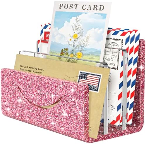 Mail Organizer Envelope Holder - 3 Compartments Glitter Pink Acrylic Mail Holder Countertop Home Office Desk Organizer Small File Sorter Vertical Bill Letter Paper Document Storage Rack