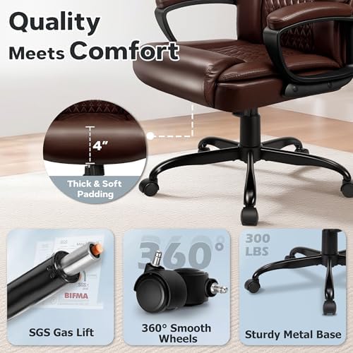 Office Chair, High Back Ergonomic Home Office Desk Chairs with Lumbar Support, Adjustable Big and Tall Computer Chair, 360° Swivel, PU Leather, Brown