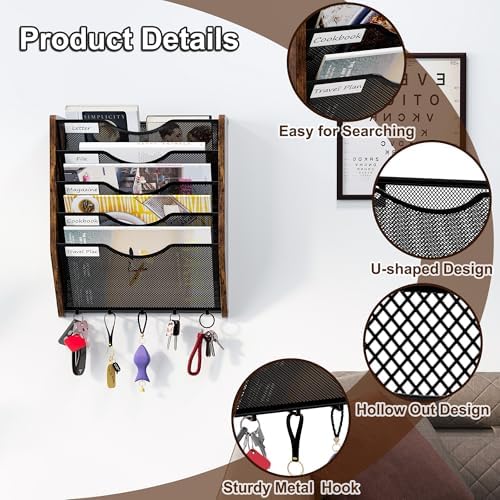 Wall File Organizer With Hooks, 5 Tier Mesh Mail Organizer Wall Mounted,Hanging File Organizer,Magazine Holder for Documents,Magazine,Literature,File,Mails,Envelopes