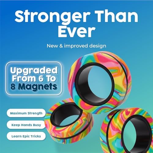 BUNMO Magnetic Fidget Rings 3pk – Cool Fidgets for Teens, Quiet Fidget Toys, Fidget Toys Adults, Maximum Strength 8 N50 Magnets, Learn Cool Tricks, Teen Gifts, Fidgets for Kids 8-12, Multicolored
