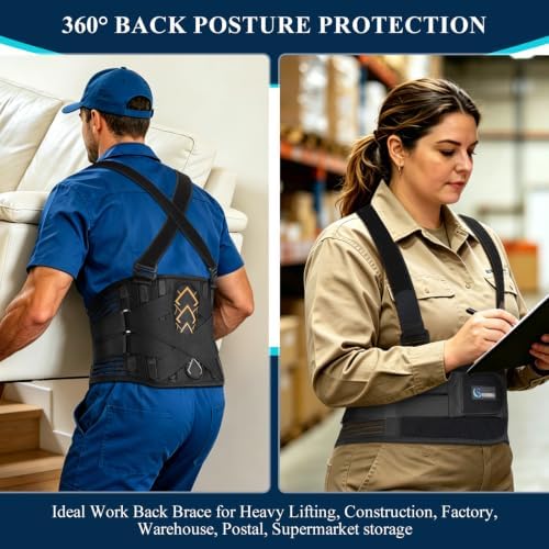 Back Support Belt for Heavy Lifting Safety — Work Back Brace with 2 Suspender Straps & Bionic Lumbar Panel, 360° Back Posture Protection for Men & Women in Construction, Warehouse Jobs Small