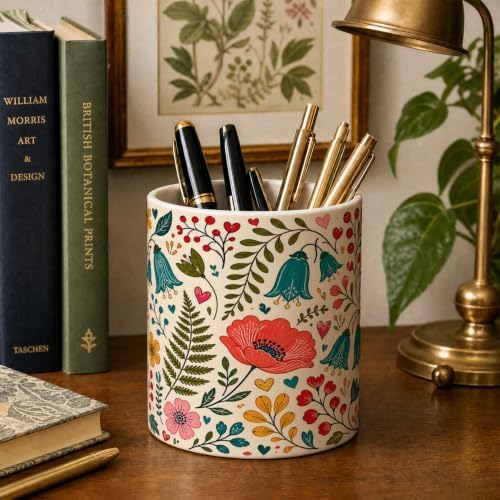 Pen Holder for Desk Ceramic Pencil Cup, Cute Makeup Brush Desk Organizer, Desk Accessories, School Supplies, Teacher Appreciation Gifts, Birthday Christmas Gift for Women (Red-Flower)