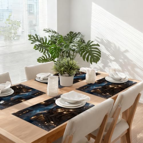 Infinite Library Nebula Shelves Placemats, Floating Books Cosmic Backdrop Place Mats for Dining/Kitchen Table Waterproof Washable Linen Heat Insulation Dinner Table Mats 12X18 in 6 Pcs