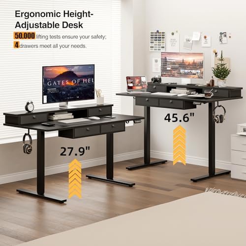 Grandder Electric Standing Desk with Four Drawers, Sit to Stand Up Height Adjustable Desk with Storage Shelf for Home Office, 47 * 28 Inch, Study, Ergonomic Adjustable Computer Desk, Black