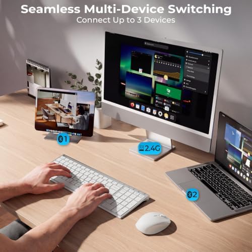 iClever DK05 Bluetooth Wireless Keyboard and Mouse Combo, Silver White