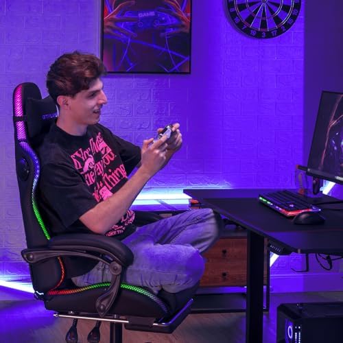 GTPLAYER RGB Gaming Chair with Speakers, Computer Gamer Chair with Footrest and LED Lights, PC Gamer Chairs for Adults, High Back Reclining Office Chairs, Linkage Armrest (Light Black, with Speakers)