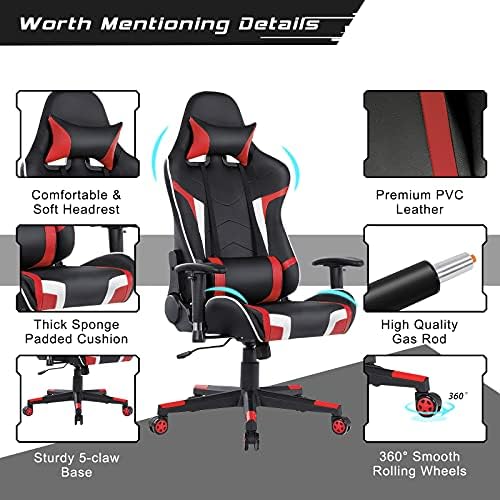 GYMAX Gaming Chair, Massage Gaming Chairs for Adults with Headrest, Lumbar Support & Armrest, Video Computer Reclining Gaming Chair, Office Desk Gamer Task Chair (Red Chair with Black Z-Shape Desk)