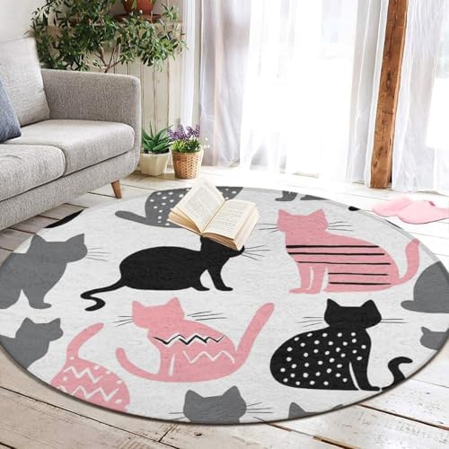 Fashion Round Area Rug Large Non Slip Carpet Unisex Home Decor Mat Cute Cats