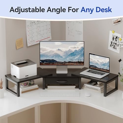 Dual Monitor Stand Riser, Desk Organizers and Accessories with Drawer, Computer Monitor Stands for Desk, Adjustable Desktop Shelf for PC Laptop Printer TV, Black