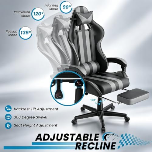 Ferghana Grey Gaming Chair, Ergonomic Racing Style Computer Chair with Footrest, Adjustable Reclining, Lumbar and Head Support, PU Leather Gamer Chair