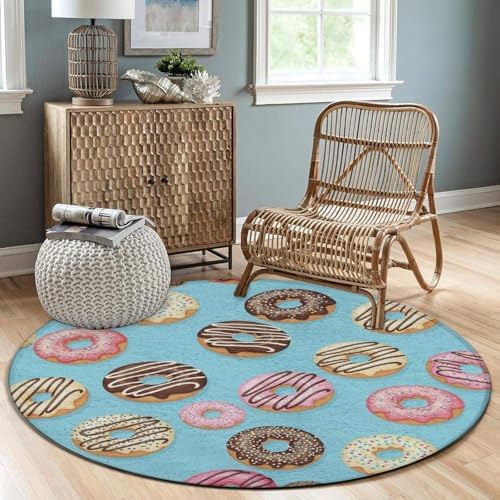 Large Home Decor Mat, Soft Round Yoga Carpet, Non Slip Machine Washable Kitchen Office Circle Rug Delicious Doughnuts, 36inch