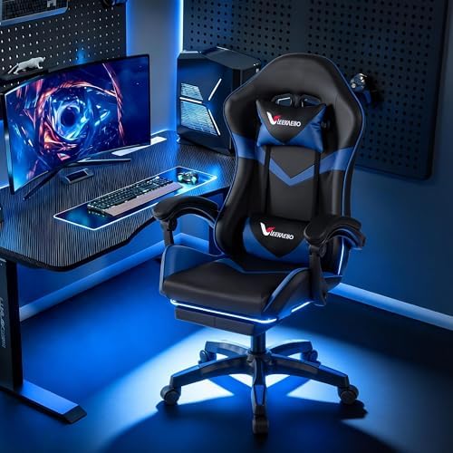 Gaming Chair for Adults, Ergonomic Computer Gaming Chair with Footrest & Lumbar Support, Height Adjustable 360° Swivel Reclining Home Office Desk Chair(Black & Blue)