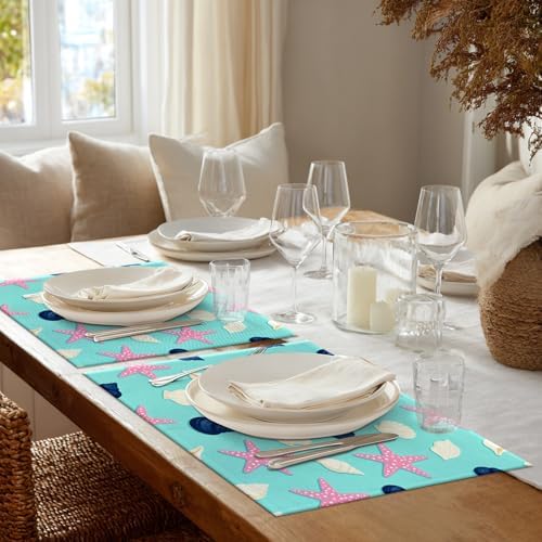 Shrahala Coastal Nautical Set of 8 12 X 18 Inch Linen Placemats, Repeat Pattern Seashells Red Burlap Table Mat Washable Double Layered Heat Insulation for Indoor/Outdoor
