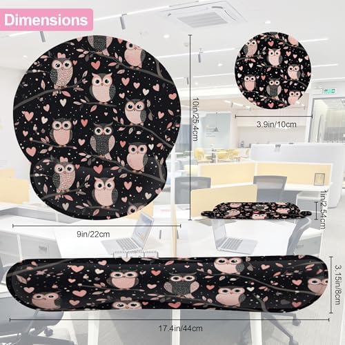 Cute Owl Pink Heart Keyboard Wrist Rest Pad Mouse Pad Set,Ergonomic Mousepad Wrist Support Memory Foam Desk Pad for Gaming Office,Non-Slip Rubber Base Easy Typing for Home Office Computers