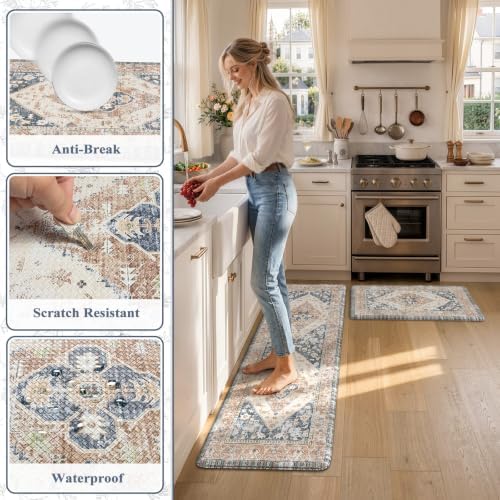 KIMODE Anti Fatigue Kitchen Mat 2PCS,Non-Skid Waterproof Kitchen Rugs Gold