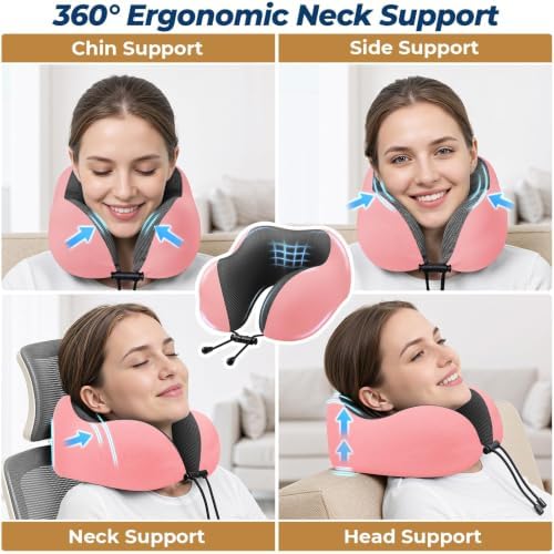 ExploreBliss Travel Pillow, Memory Foam Neck Pillow Airplane, Pink