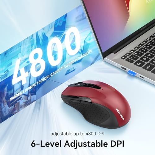TECKNET Rechargeable Jiggler Wireless Mouse, Dual-Mode Connectivity, Red