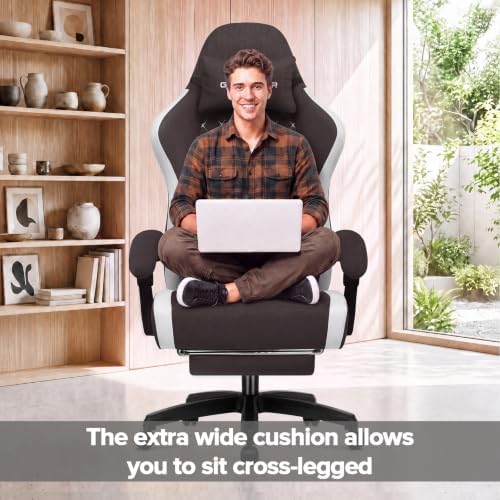 GTPLAYER Gaming Chair with Footrest Fabric Office Chair with Pocket Spring Cushion and Linkage Armrests, High Back Ergonomic Computer Chair with Lumbar Support Task Chair Brown