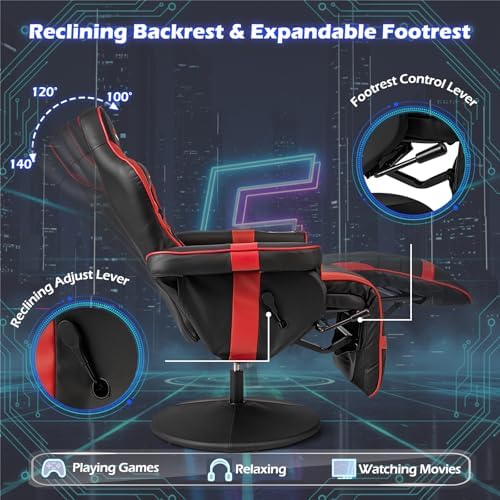 POWERSTONE Gaming Recliner, Adjustable Massage Gaming Chair with Cup Holder Footrest Ergonomic Single Sofa Living Room Home Theater Seating with Side Pouch (Red)