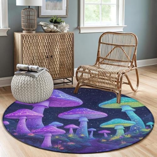 Men's Large Home Decor Mat, Soft Round Yoga Carpet, Non Slip Machine Washable Home Office Circle Rug Neon Mushrooms
