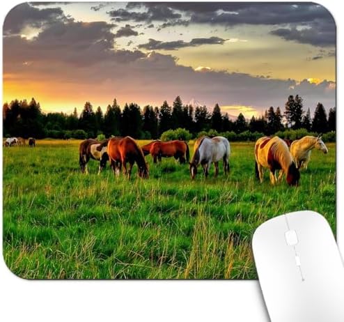 9.5x7.9 Inch Office/Gaming Mouse Pad, Horses Grazing in a Serene Pastoral Sunset Landscape Cute Anti-Slip Mat for Desk