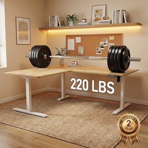 Grandder 63 x 55 Inch L Shaped Standing Desk, Electric Height Adjustable Corner Stand Up Desk, Sit Stand Corner Table Home Office Table, Oak Top White Frame