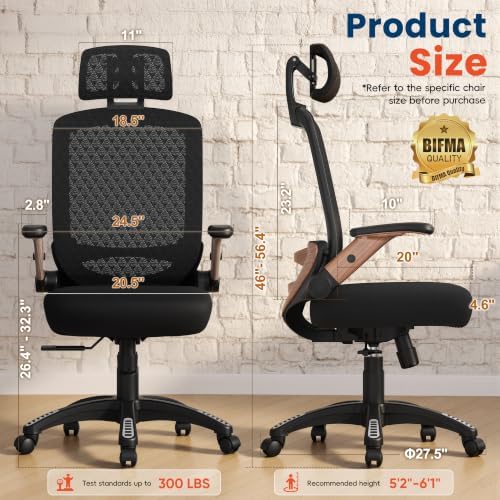 GABRYLLY Ergonomic Office Chair, High Back Home Desk Chair with Flip-Up Arms, 3D Headrest, 90-120° Tilt and Wide Cushion Seat, Big and Tall Computer Chairs for Man Woman, Mesh Chair Black Woodgrain