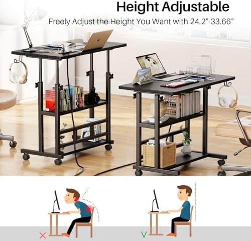 Adjustable Height Standing Desk with Power Outlets, Rolling Stand Up Desk with Storage Shelves, 31.5" Small Mobile Computer Desk, Portable Laptop Table (Black)