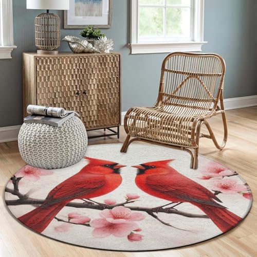 Soft Round Yoga Carpet, Large Home Decor Mat, Non Slip Machine Washable Kitchen Office Circle Rug Cherry Flower Floral Blossom Red Cardinal Branch