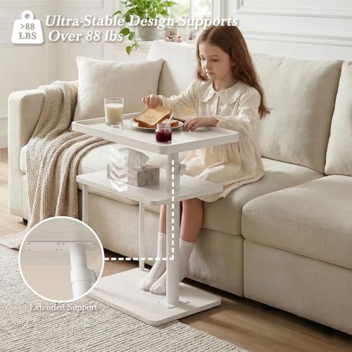 Faesun C Table End Table Adjustable Height, 360°Swivel TV Tray Table for Small Spaces, Small Nightstand for Living Room, Bedroom, White