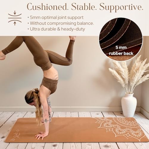 Designer Cork Yoga Mat – Signature Aesthetics on Quality Portuguese Cork with 5mm Solid Tree Rubber Base for Lasting Stability – Non Slip Grip, Odor Free and Non Toxic