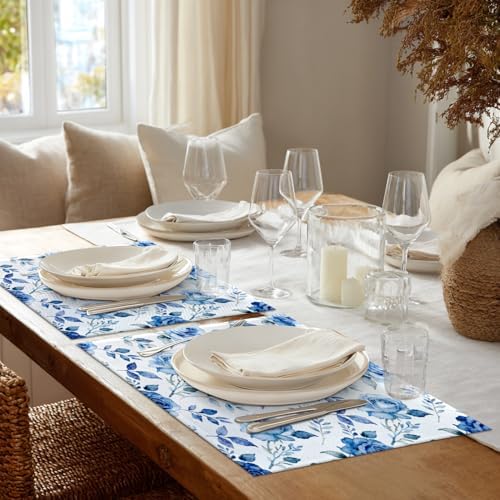 Shrahala Blue Nature Rose Placemats, White Table Mat Linen Burlap Washable Double-Deck Heat Insulation for Dining/Kitchen Table Set of 6 (12 X 18 Inch)