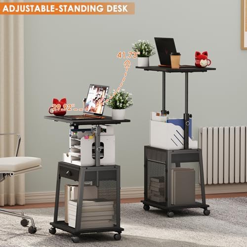 Height Adjustable Standing Desk with Wheels,Mobile Sit Stand Up Desk with Drawer,Rolling Laptop Computer Desk with storage,Portable Podium Teacher Stand Desk,Narrow Walking Pad Desk for Home Office