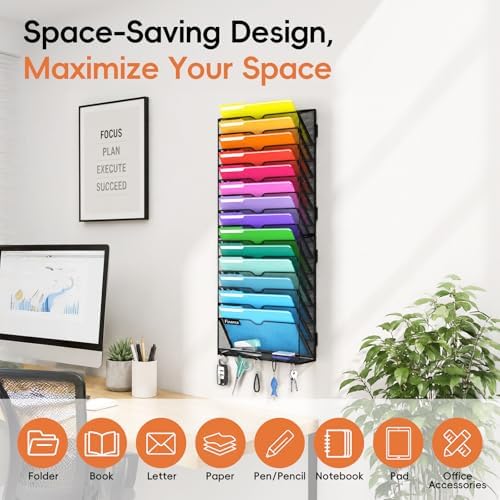 15-Tier Wall File Organizer with Hook, Hanging File Organizer Black