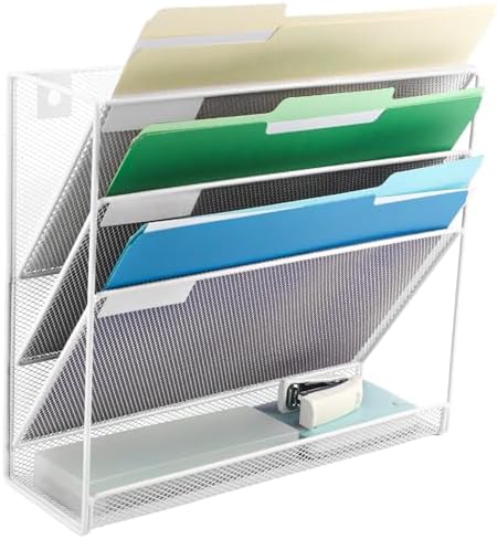 EASEPRES Desk File Organizer Mesh 4-Tier, Hanging Wall Mount Document Organization Stand, Desktop Vertical Mail Paper Folder Holder Rack with Bottom Tray for Office Home Cubicle Countertop, White