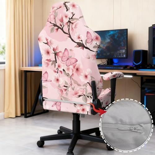 Pink Flower Gaming Chair Cover Stretchable Game Chair Slipcovers with 2 Armrest Covers, Scratch-Proof Gamer Desk Chair Covers for Computer Office Seat