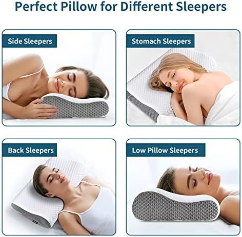 Neck Pillow Memory Foam for Pain Relief Bed Pillow for Sleeping, Ergonomic Orthopedic Cervical for Neck and Shoulder Pain, Side Back Stomach Sleeper(White&Grey)