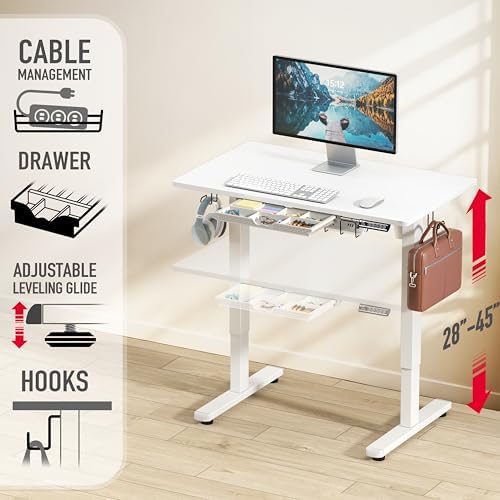 SHW 40-Inch Electric Height Adjustable Standing Desk w/Drawer, White