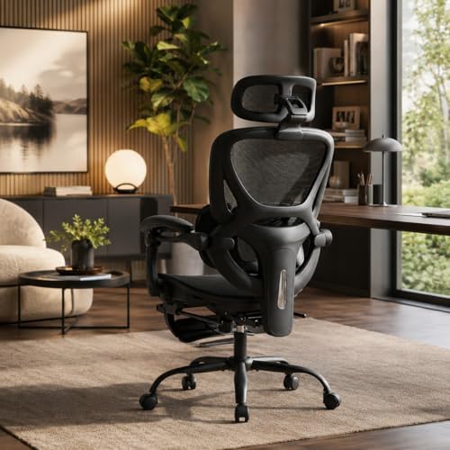 MALOL Ergonomic Mesh Office Chair with Footrest, High Back Desk Chair with 5-Level Adjustable Lumbar Support, 3D Headrest, 130° Reclining Backrest, Adaptive Armrests, Home Office Computer Chair, Black