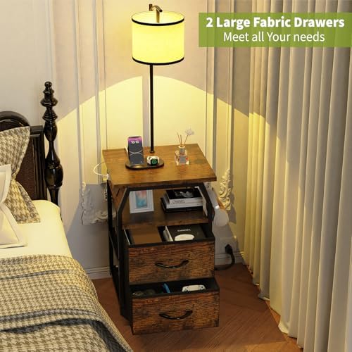 runjuly Floor Lamp with Table, End Table with Light and Charging, Rustic