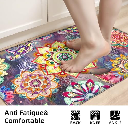 Boho Red Floral Kitchen Rugs Mats for Floor 2 Piece Memory Foam Padded Kitchen Mats Anti Fatigue Non Slip Cushioned Comfort Standing Mat, 17.3x28+17.3x47 Inch
