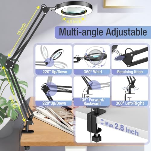 10X Magnifying Glass with Light and Clamp, Real Glass Stand Lighted Magnifier, 2*16 Arm 5 Color Modes Stepless Dimmable LED Desk Lamp Hands Free for Craft Hobby Reading Painting Close Work Large Black