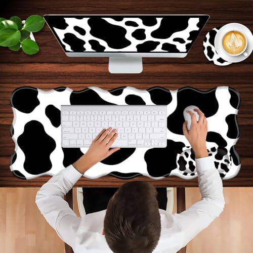 Mouse Pad with Wrist Support + Desk Mat + Coaster 3 in 1 Set, XL Large Gaming Mousepad Ergonomic Mouse Pads for Desk Computer Laptop Office,Cow Print