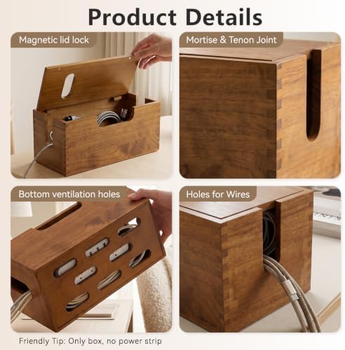 2 Pack Acacia Wood Cable Management Box with Magnetic Lid, Large Cord Management Box for Power Strip, Desk/Floor/TV Wire Storage, Cord Hider Box Under Desk Storage for Home Office