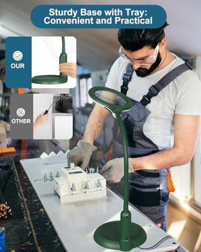 12X Magnifying Glass with Light and Stand, Real Glass, LED 5 Color Modes, Brightness Stepless Dimming Lighted Magnifier Hands Free, Flexible Gooseneck Desk Lamp with Clamp for Close Work, Craft, Green