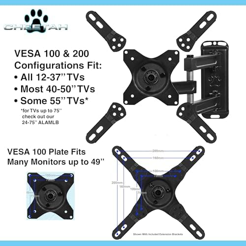Cheetah TV Monitor Wall Mount for 12-55 Inch TVs up to 40 lbs, Includes 10 ft HDMI Cable, Tools-Free Tilt, Max VESA 200x200mm, Articulating Arm TV Bracket, Full Motion Swivel, Low Profile, Extends 15"